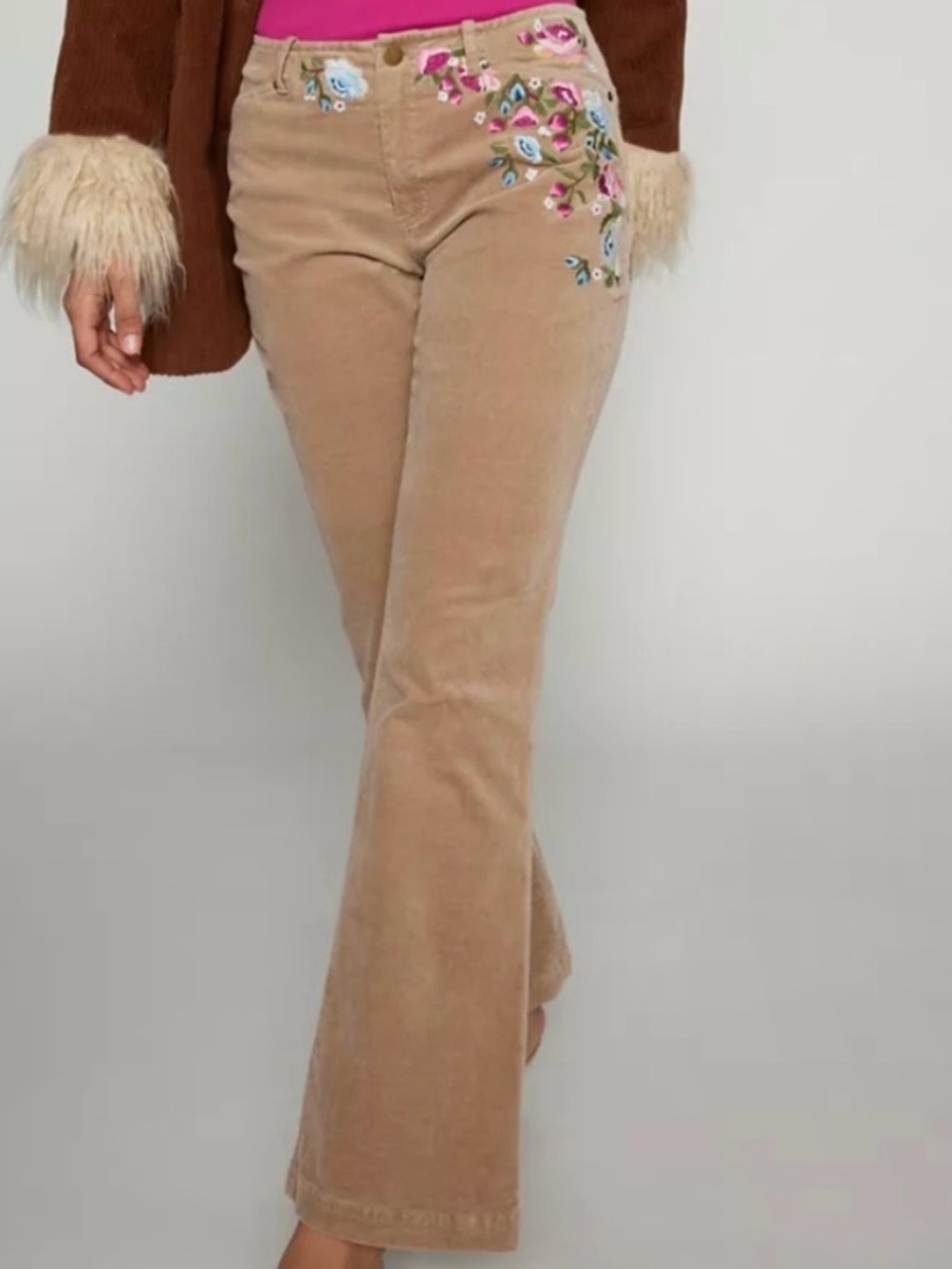 Kimchi Blue Brown Corduroy Flare Pants with Floral Embroidery - Picture 5 of 8